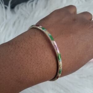 Vintage Thin Cloisonne Slide-On Floral Pattern Bangle Bracelet